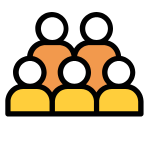 A stylized icon of five people grouped together, with three yellow figures at the bottom and two orange figures above, on a black background.