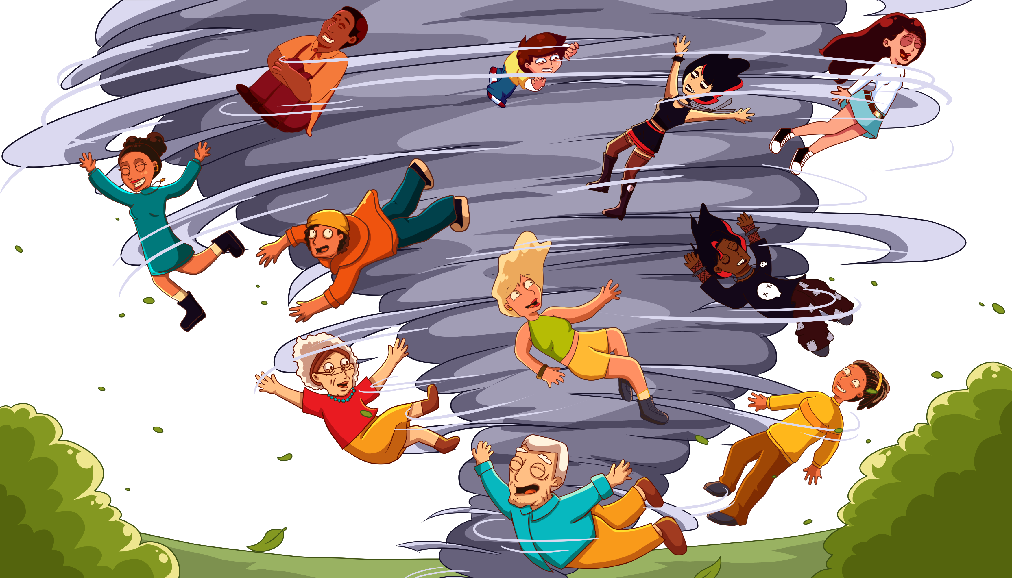 Cartoon of Play Theory characters flying around a tornado