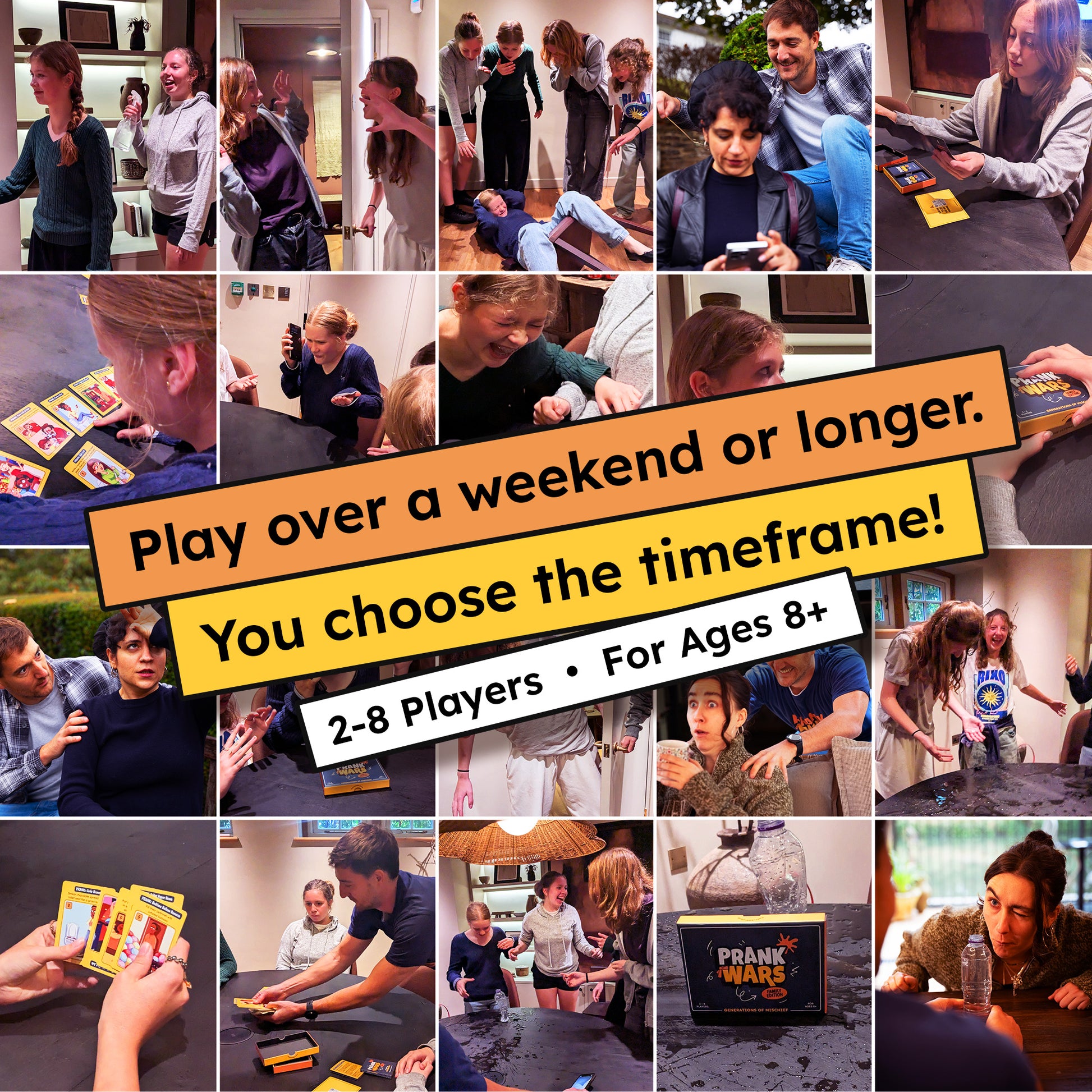Collage of people playing Prank Wars: Family Edition card game with promotional text overlay.