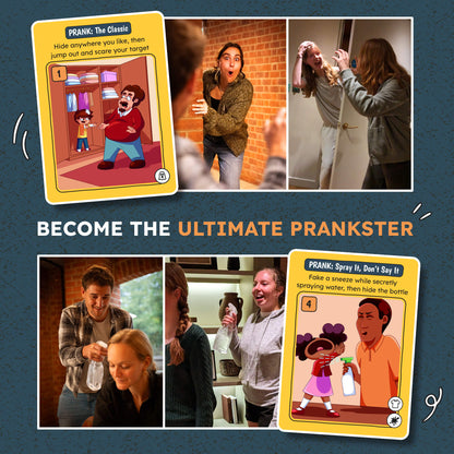 Prank cards and images of people playing pranks on a blue background
