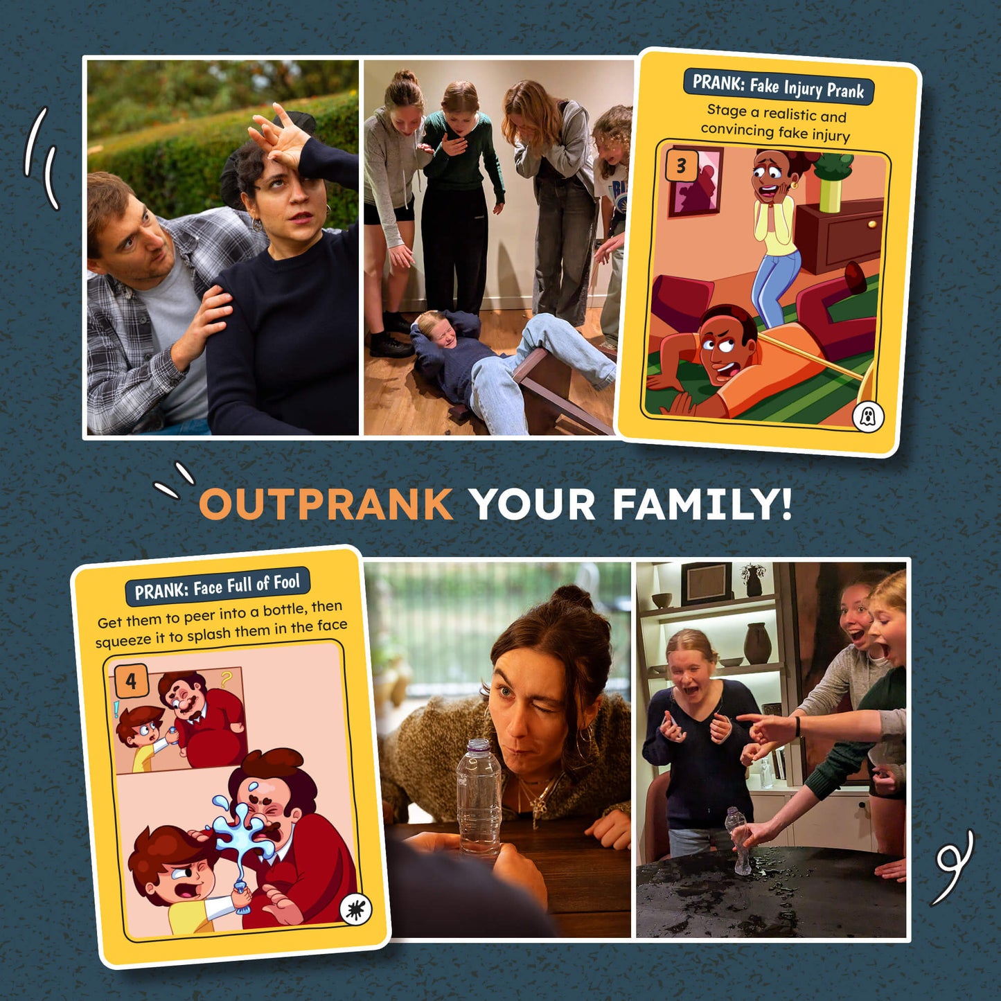 Prank cards and scenes with people pranking each other on a blue background