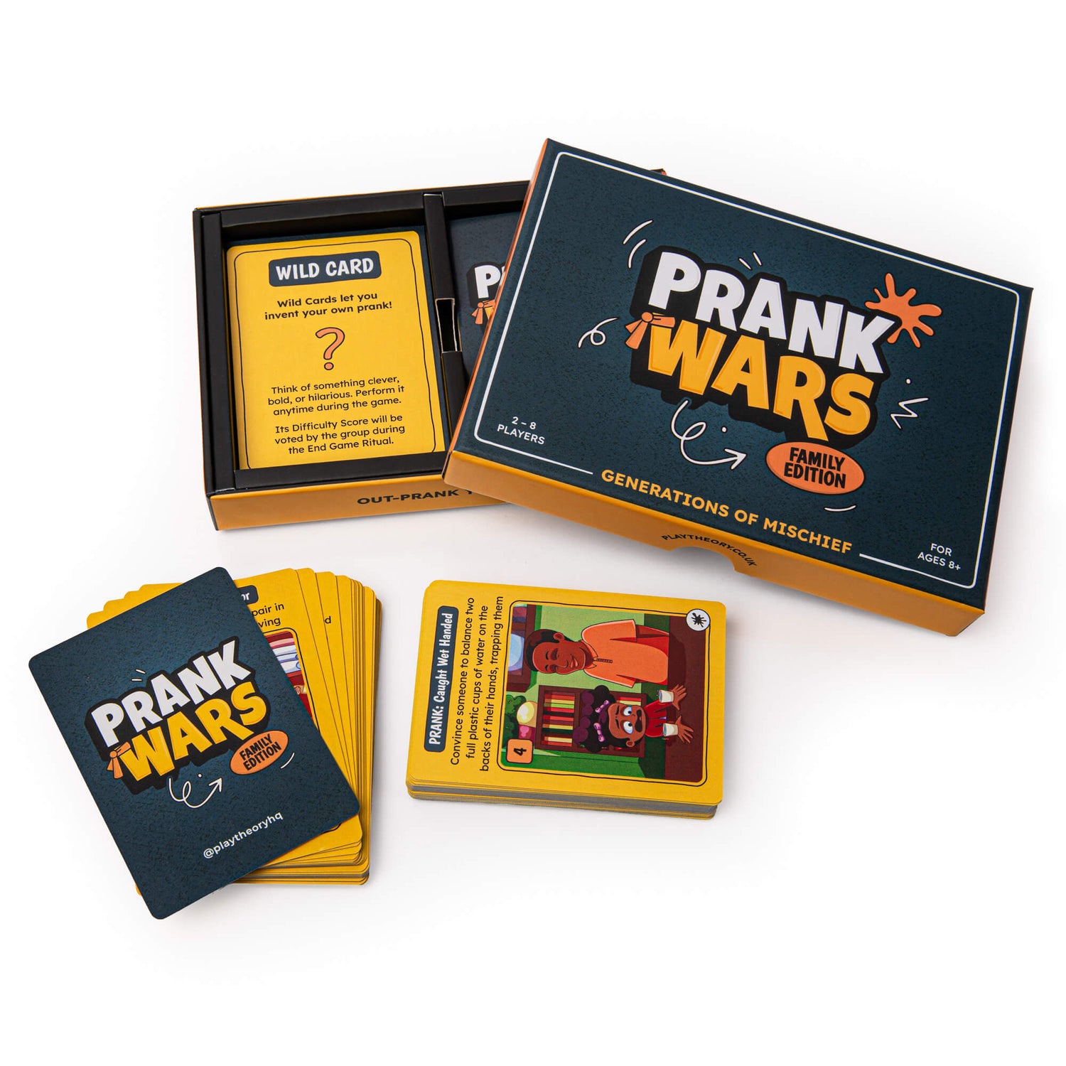 Prank Wars card game packaging and cards on a white background